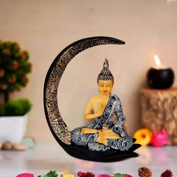 Tranquil Buddha Sitting on Moon Idol Blue Set of 1 - Spiritual Elegance for Your Home