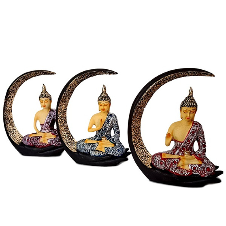 Tranquil Buddha Sitting on Moon Idol Blue Set of 3 - Spiritual Elegance for Your Home