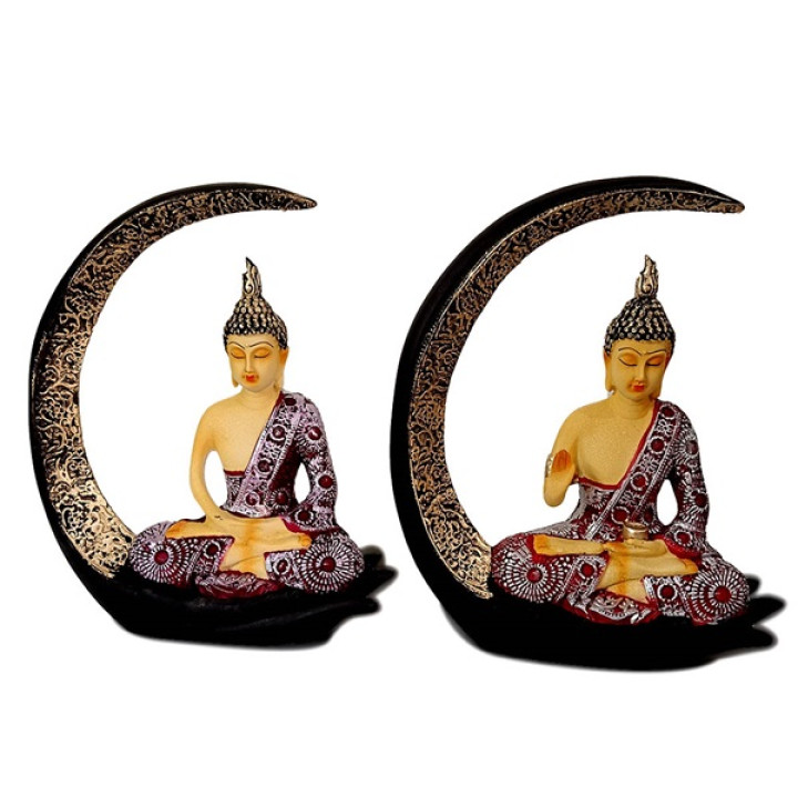 Tranquil Buddha Sitting on Moon Idol Blue Set of 2 - Spiritual Elegance for Your Home